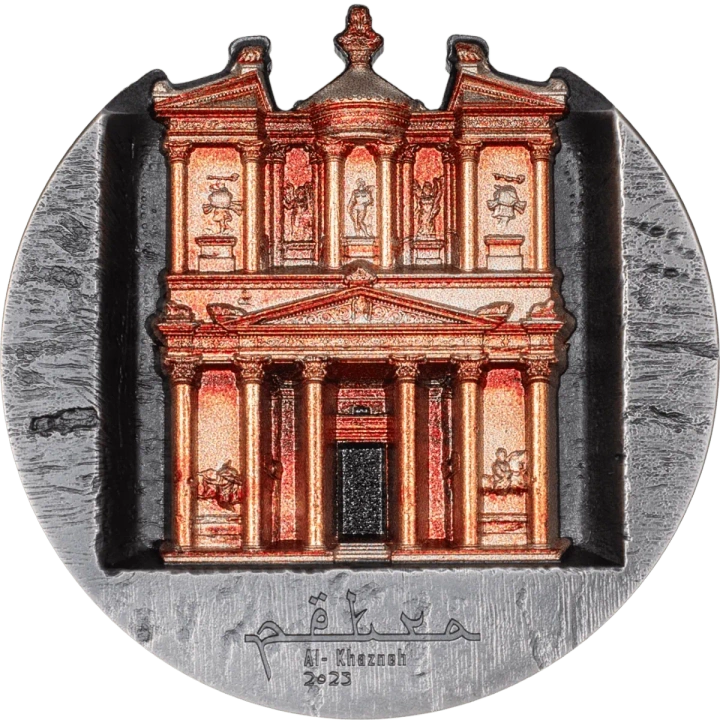 Cook Islands: Petra Al-Khazneh kolorowany 5 uncji Srebra 2025 Antiqued High Relief