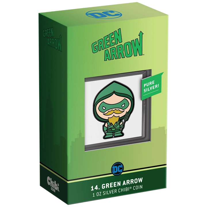 Niue: DC Comics - Green Arrow Chibi Coin kolorowany 1 uncja Srebra 2022 Proof