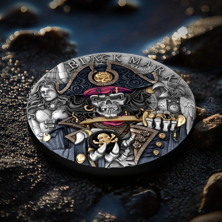 Niue: The Pirates - Black Mark kolorowany 2 uncje Srebra 2026 Antiqued Coin