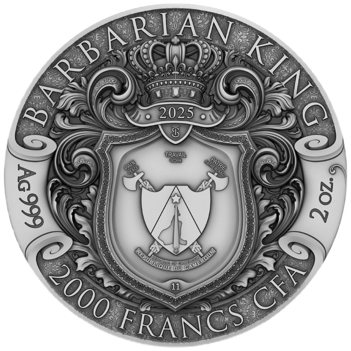 Cameroon: Barbarian King pozłacany 2 uncje Srebra 2025 Antiqued Coin