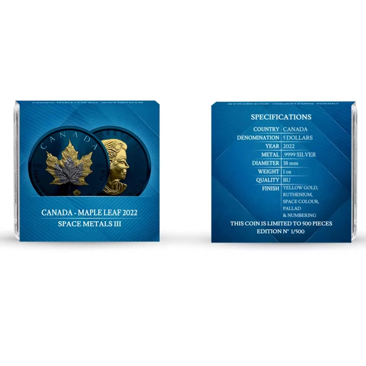Kanadyjski Liść Klonowy 1 uncja Srebra kolorowany/pozłacany 2022 Space Metals III Edition