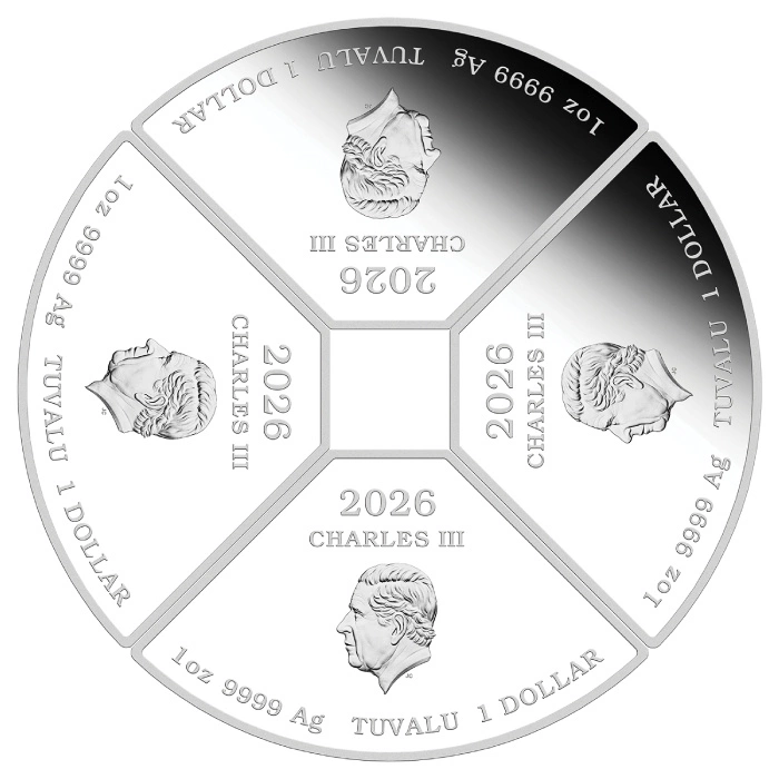 Zestaw 4 monet Tuvalu: Rok Konia Quadrant kolorowany 4 x 1 uncja Srebra 2026 Proof