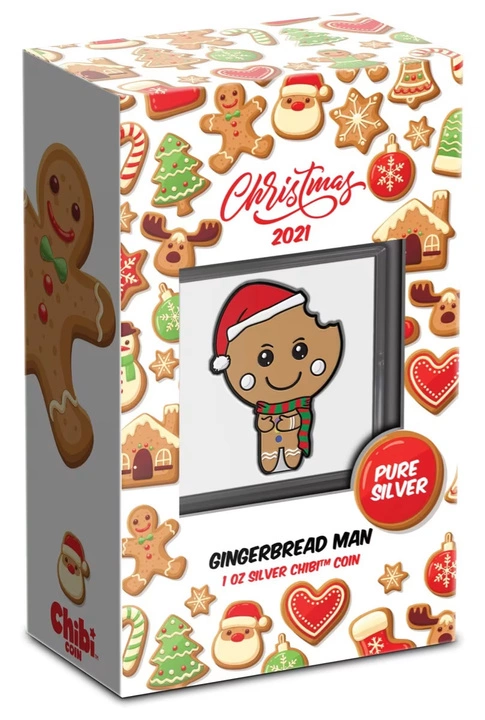 Niue: Gingerbread Man Chibi Coin kolorowany 1 uncja Srebra 2021 Proof