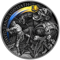 Ghana: Dawid i Goliat kolorowany 2 uncje Srebra 2022 High Relief Antiqued Coin